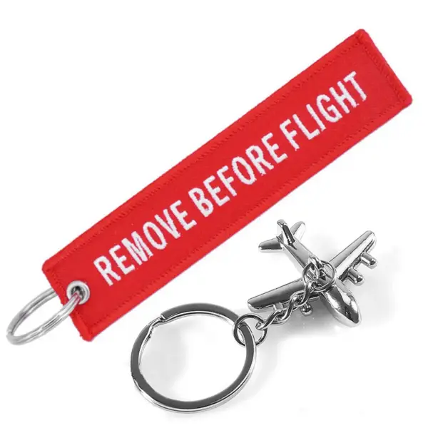 Remove Before Flight Embroidery Keychains with Metal Plane Keyring